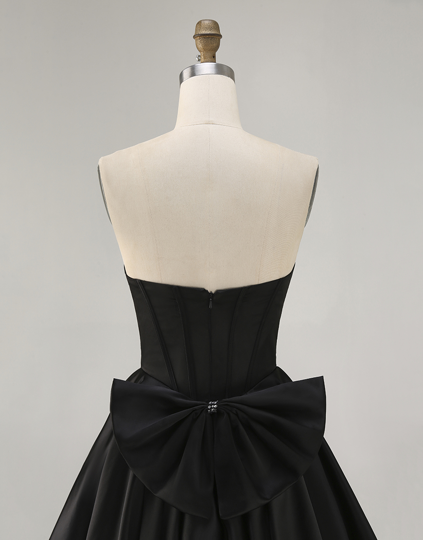 Sparkly Black Satin Beaded Short Corset Homecoming Dress with Bow