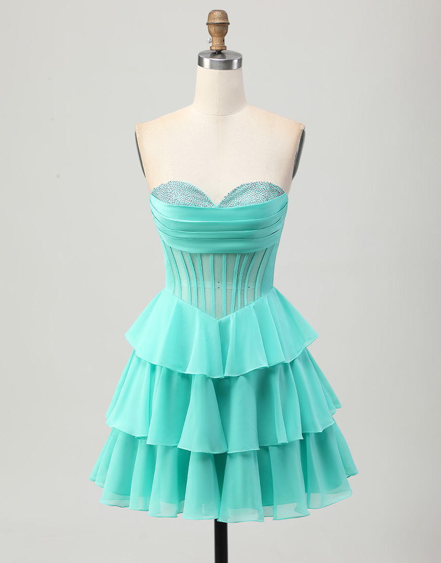 Sparkly Green Ruffled Sweetheart Short Corset Homecoming Dress with Beading