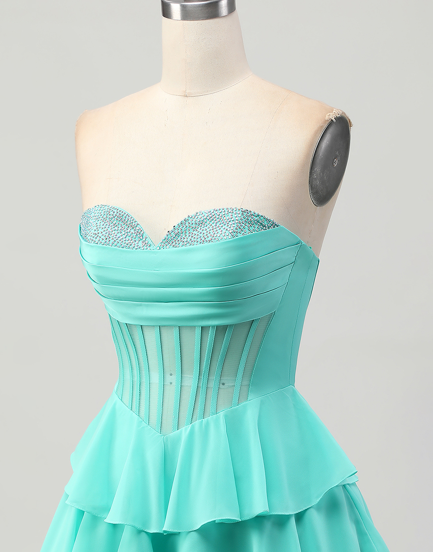 Sparkly Green Ruffled Sweetheart Short Corset Homecoming Dress with Beading