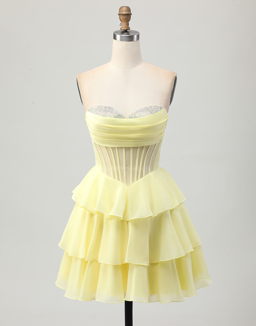 Sparkly Yellow Beaded A Line Short Corset Homecoming Dress with Ruffles