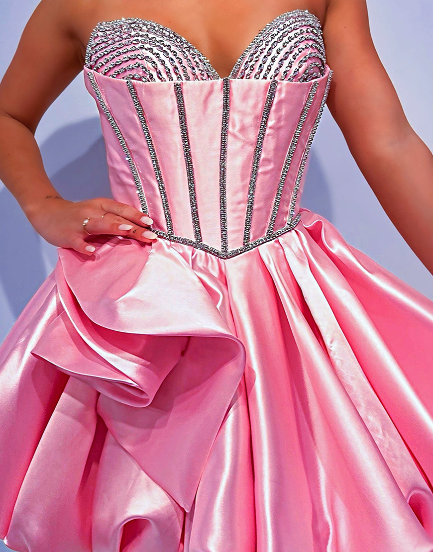 Sparkly Pink Sweetheart A Line Satin Short Corset Homecoming Dress with Rhinestones