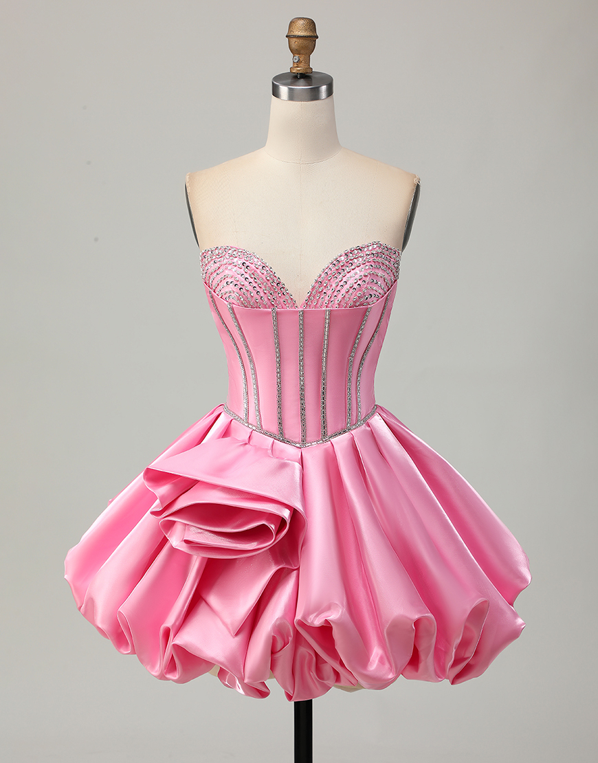 Sparkly Pink Ruffled Short Corset Homecoming Dress with Rhinestones