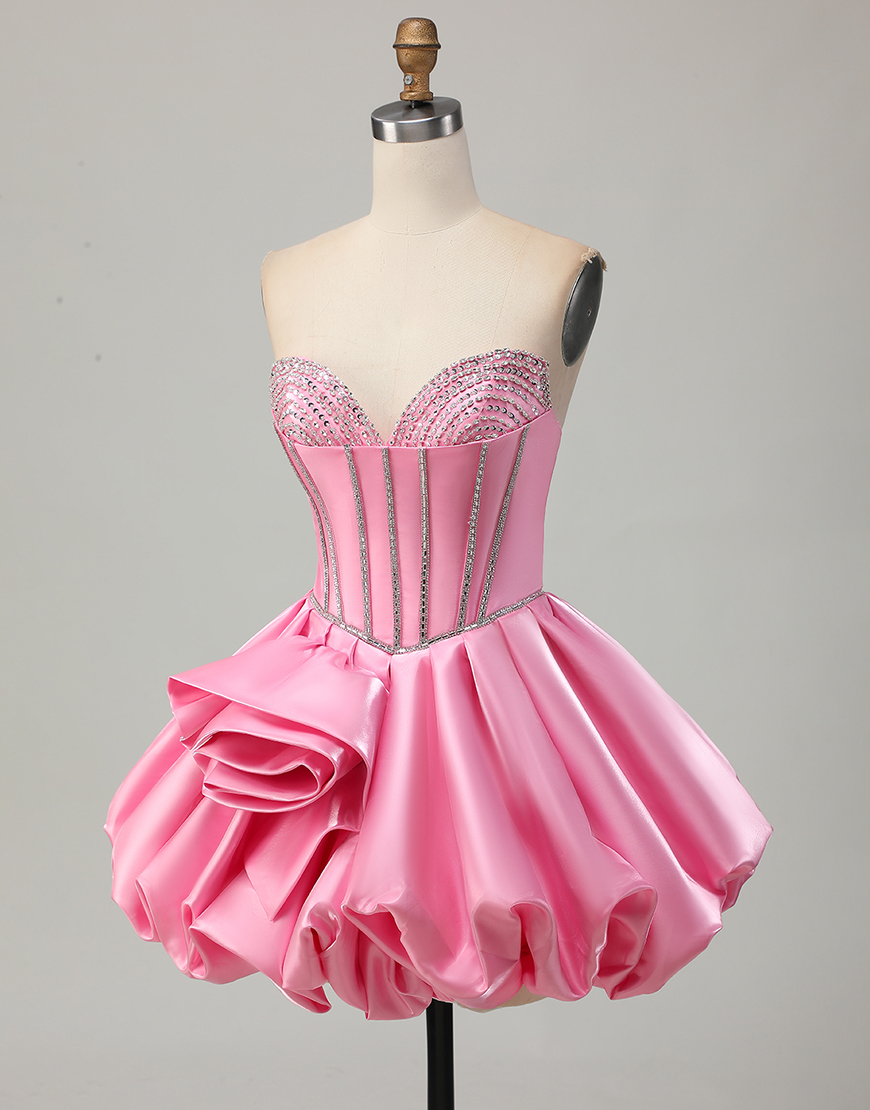 Sparkly Pink Ruffled Short Corset Homecoming Dress with Rhinestones