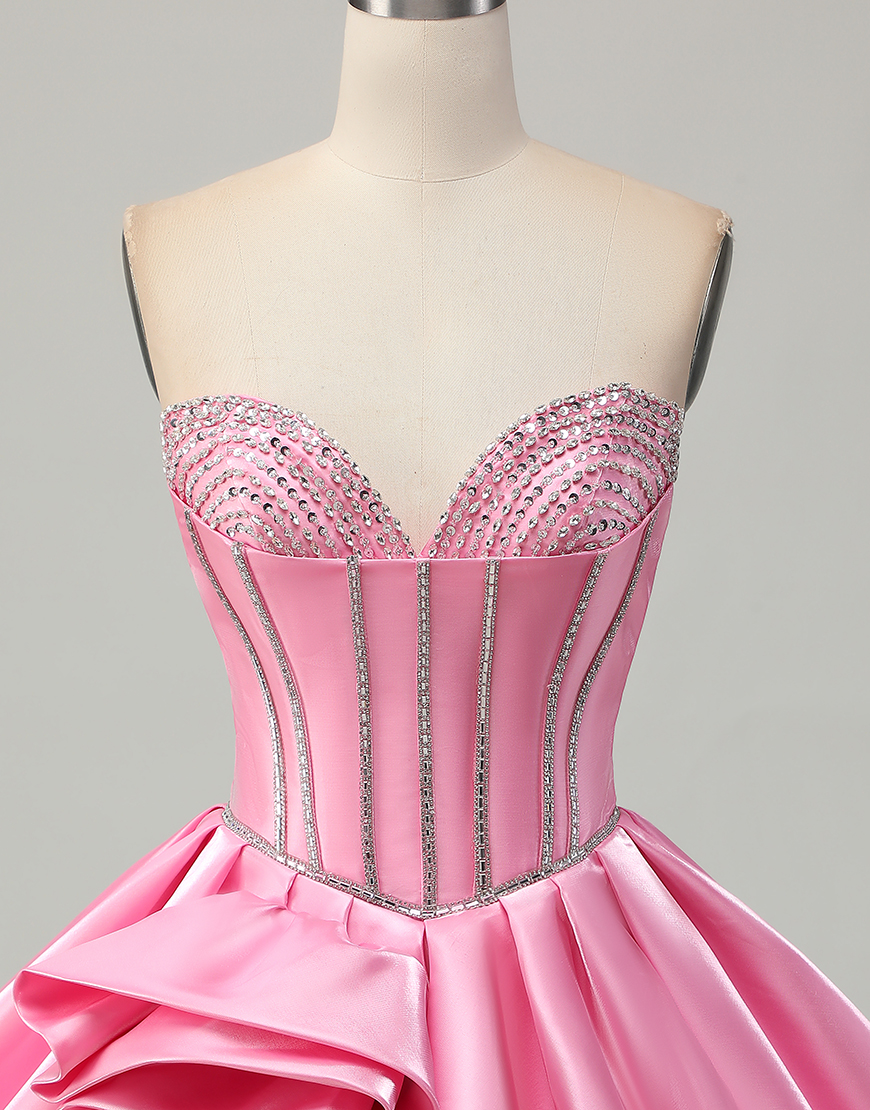 Sparkly Pink Ruffled Short Corset Homecoming Dress with Rhinestones