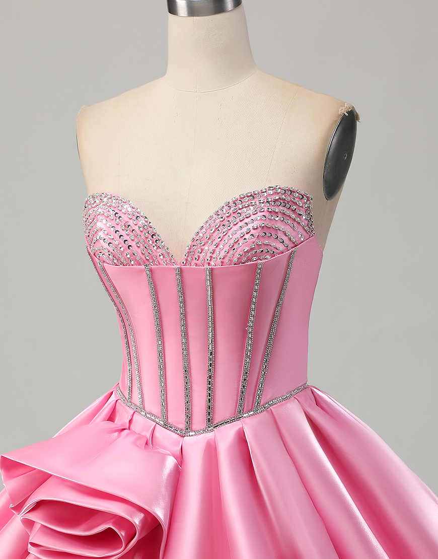 Sparkly Pink Ruffled Short Corset Homecoming Dress with Rhinestones