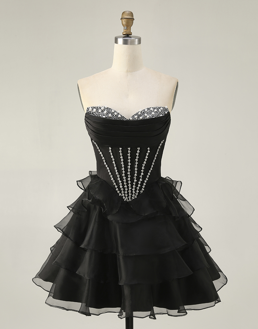Sparkly Black Tiered Short Corset Homecoming Dress with Beading
