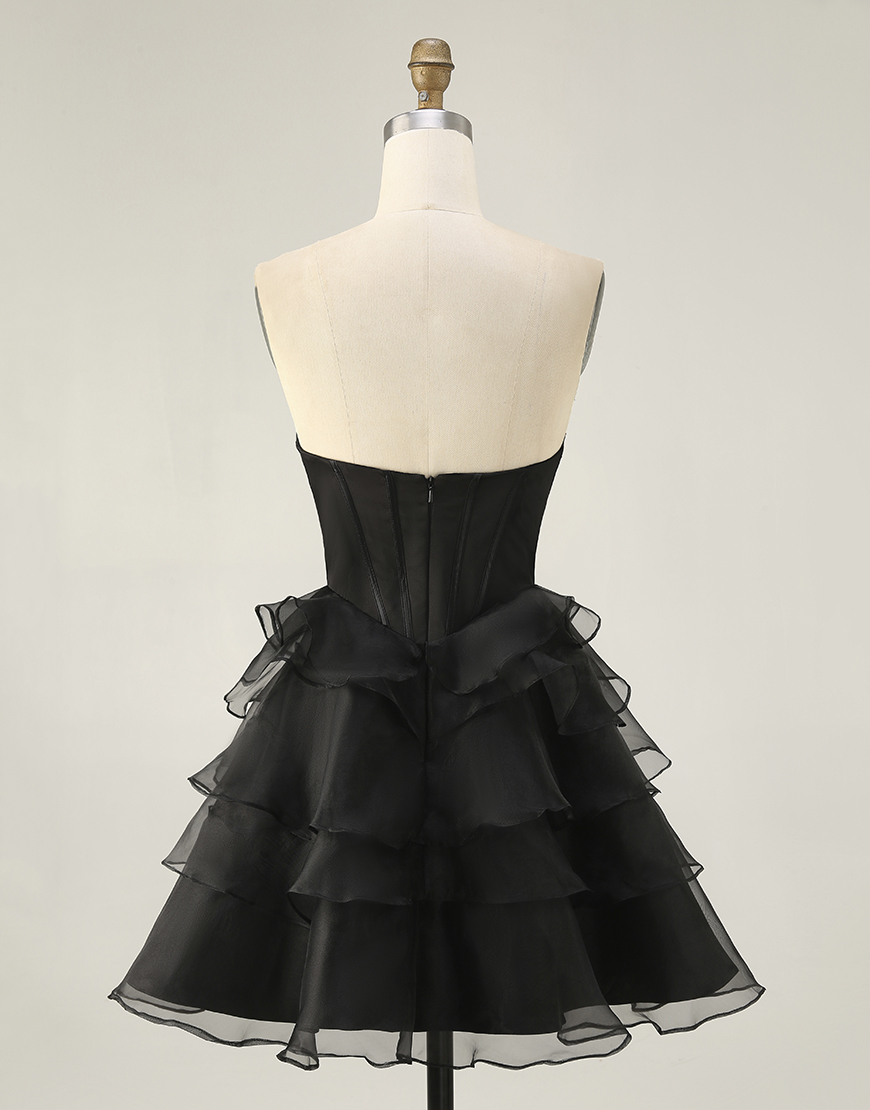 Sparkly Black Tiered Short Corset Homecoming Dress with Beading