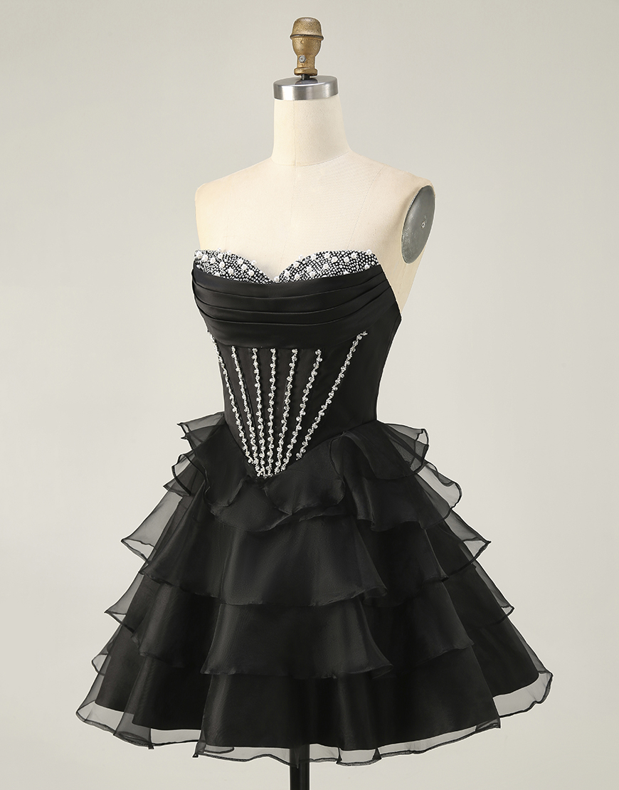 Sparkly Black Tiered Short Corset Homecoming Dress with Beading