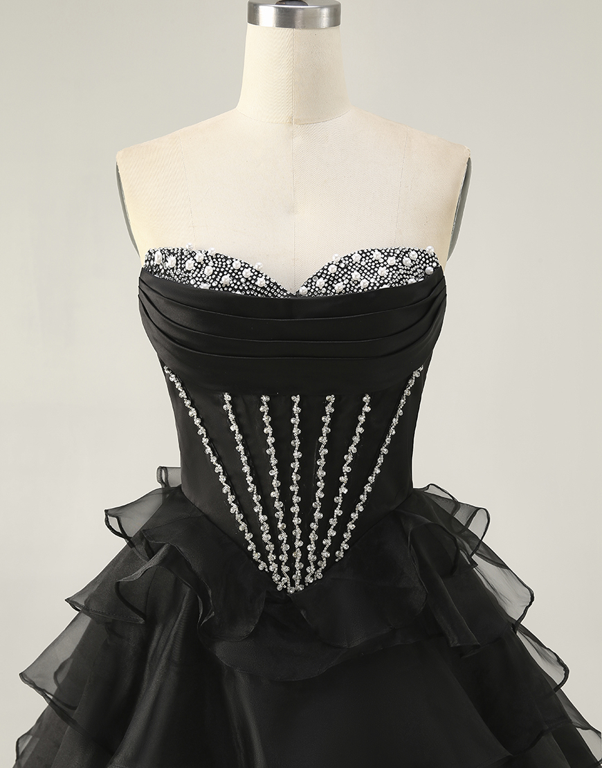 Sparkly Black Tiered Short Corset Homecoming Dress with Beading