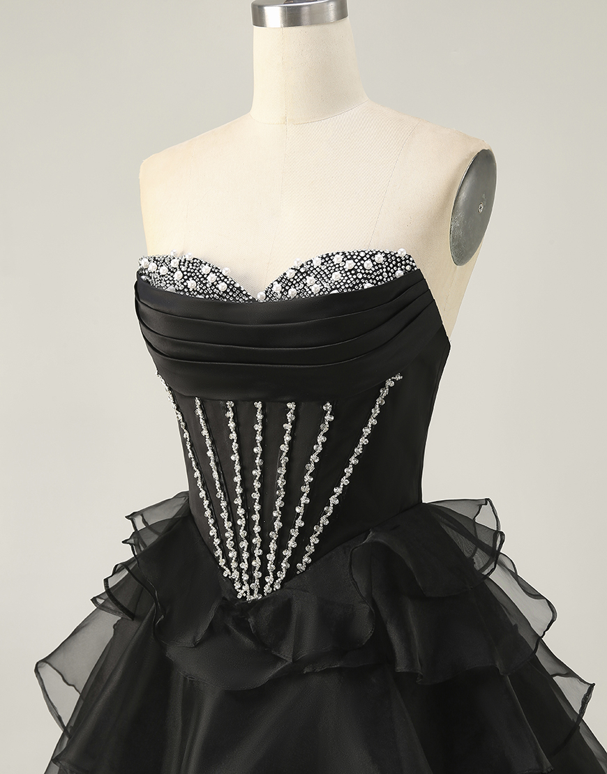Sparkly Black Tiered Short Corset Homecoming Dress with Beading