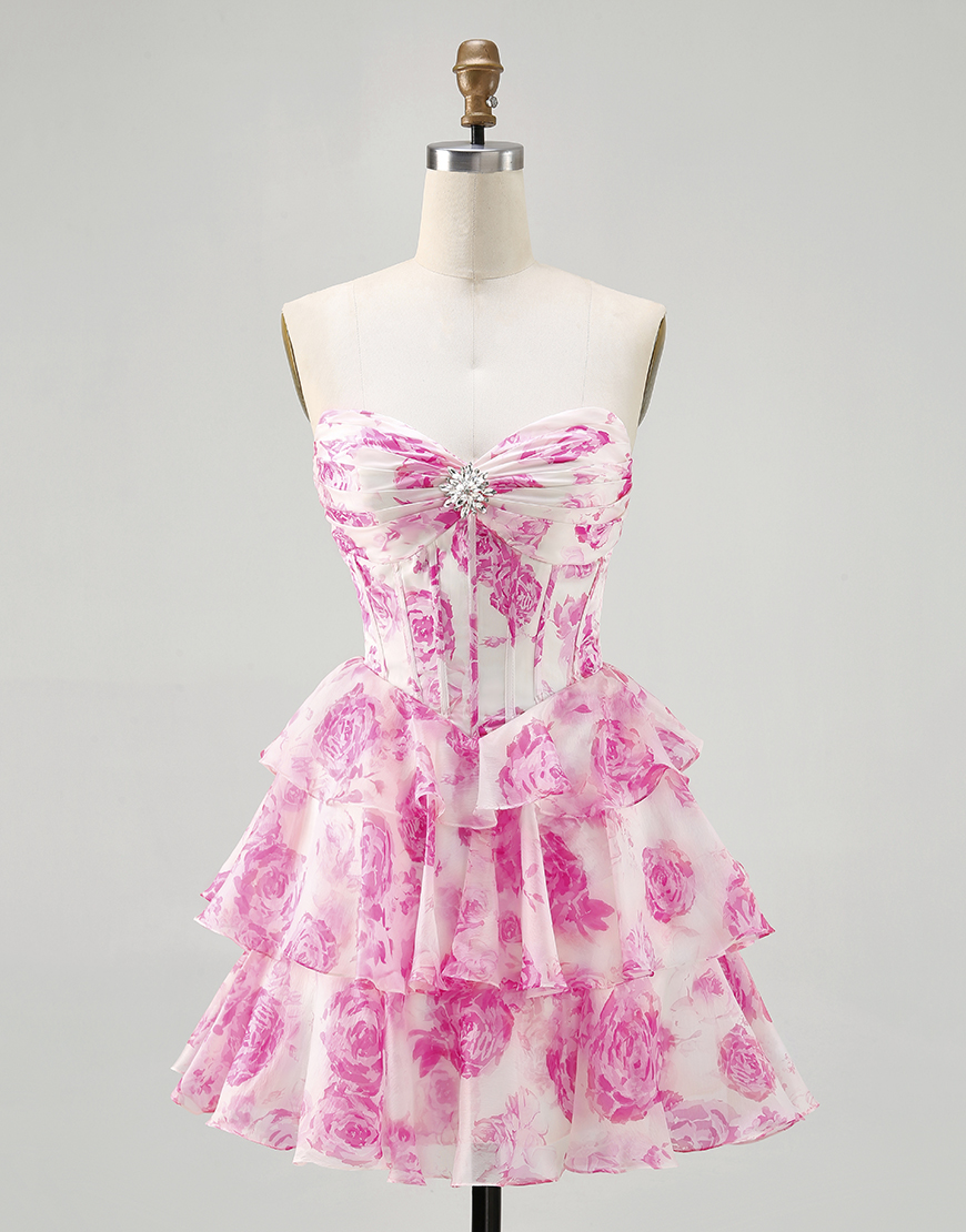 Sparkly Fuchsia Floral Ruffled Short Corset Homecoming Dress with Rhinestones