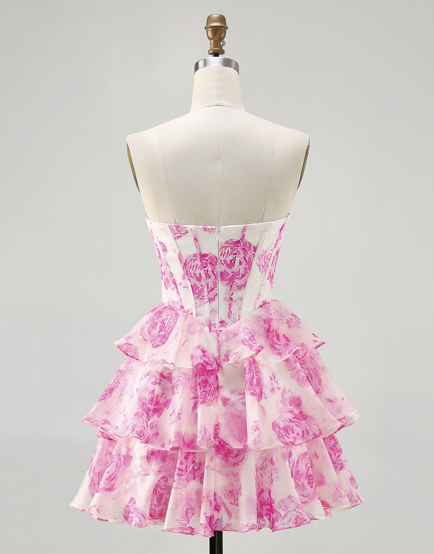 Sparkly Fuchsia Floral Ruffled Short Corset Homecoming Dress with Rhinestones
