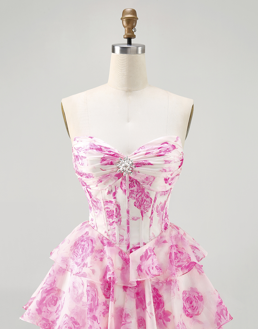 Sparkly White and Blue Floral A Line Short Corset Homecoming Dress with Rhinestones