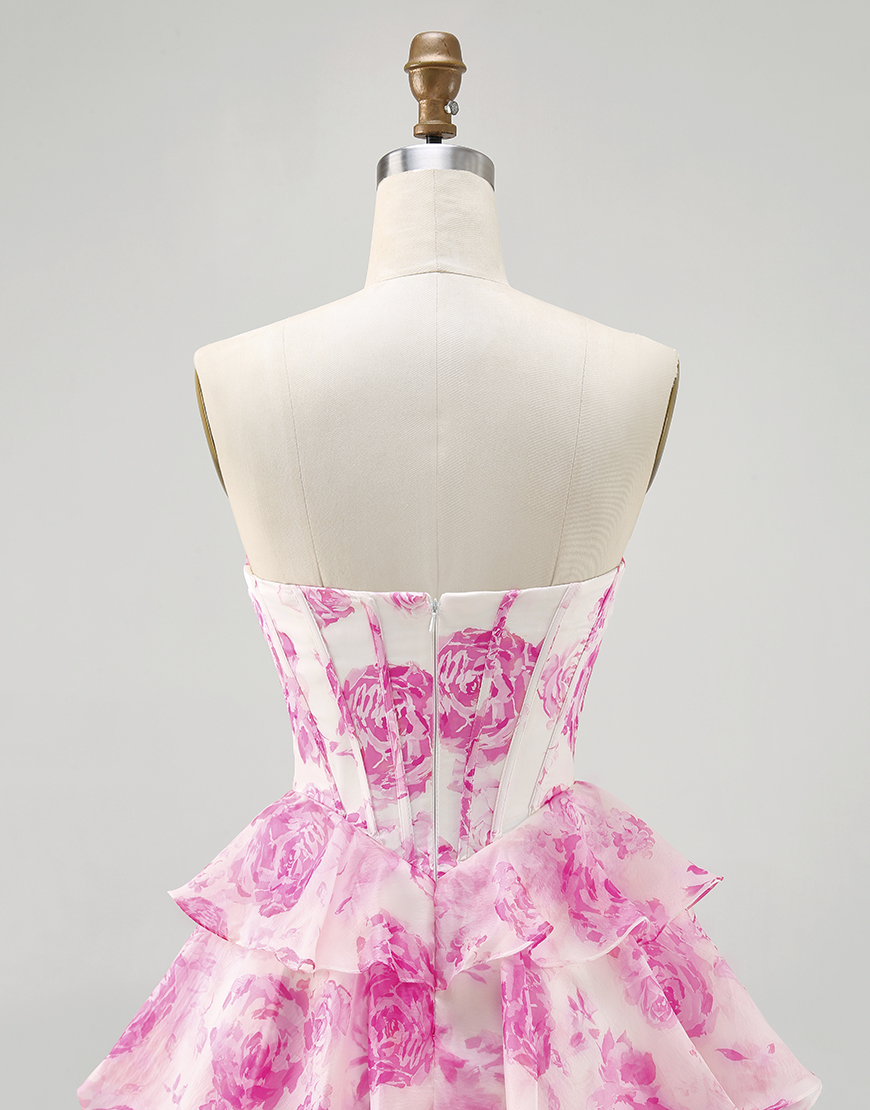 Sparkly White and Blue Floral A Line Short Corset Homecoming Dress with Rhinestones