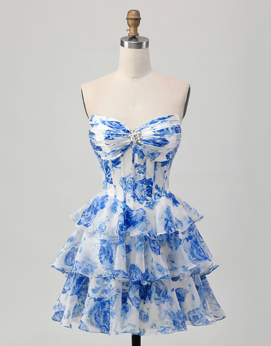 Sparkly White and Blue Floral A Line Short Corset Homecoming Dress with Rhinestones