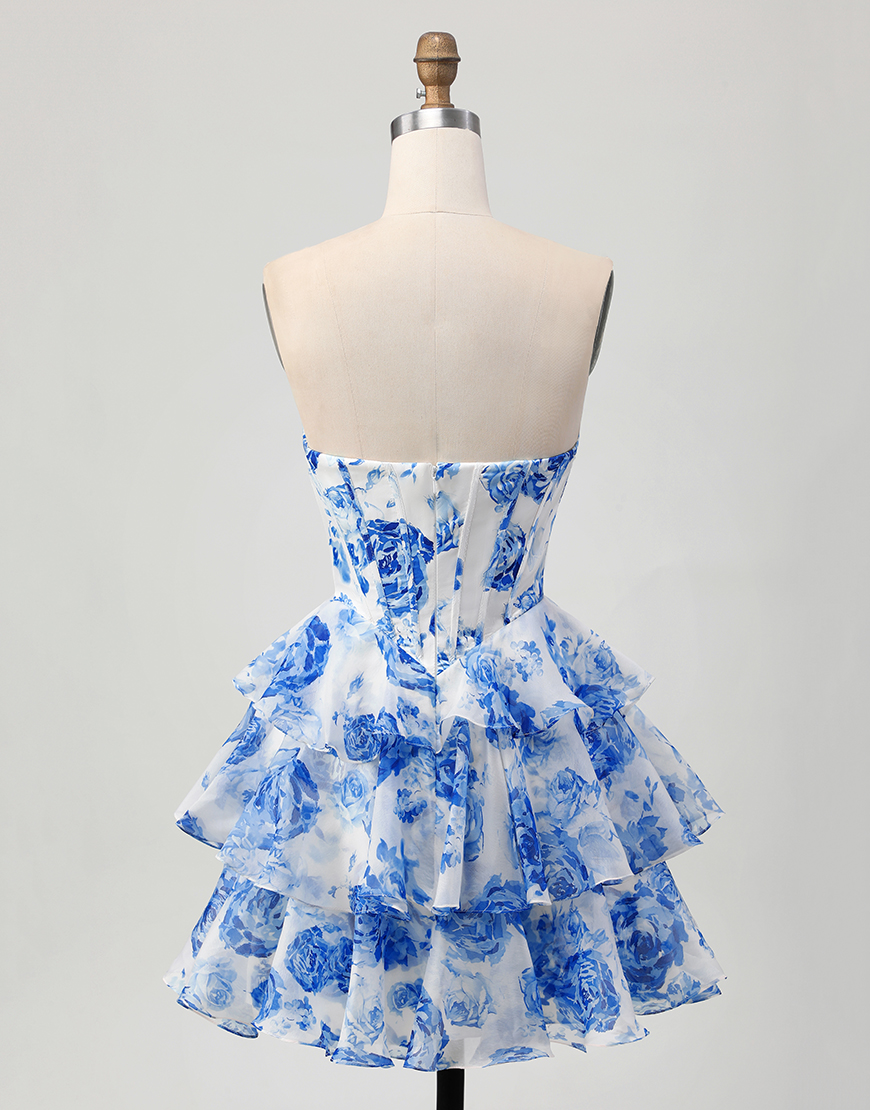 Sparkly White and Blue Floral A Line Short Corset Homecoming Dress with Rhinestones