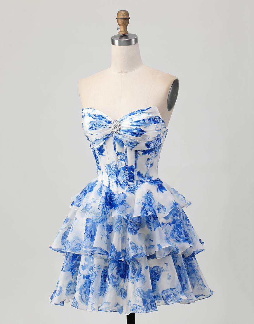 Sparkly White and Blue Floral A Line Short Corset Homecoming Dress with Rhinestones