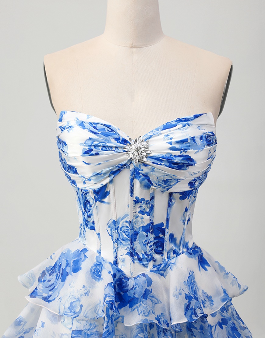 Sparkly White and Blue Floral A Line Short Corset Homecoming Dress with Rhinestones