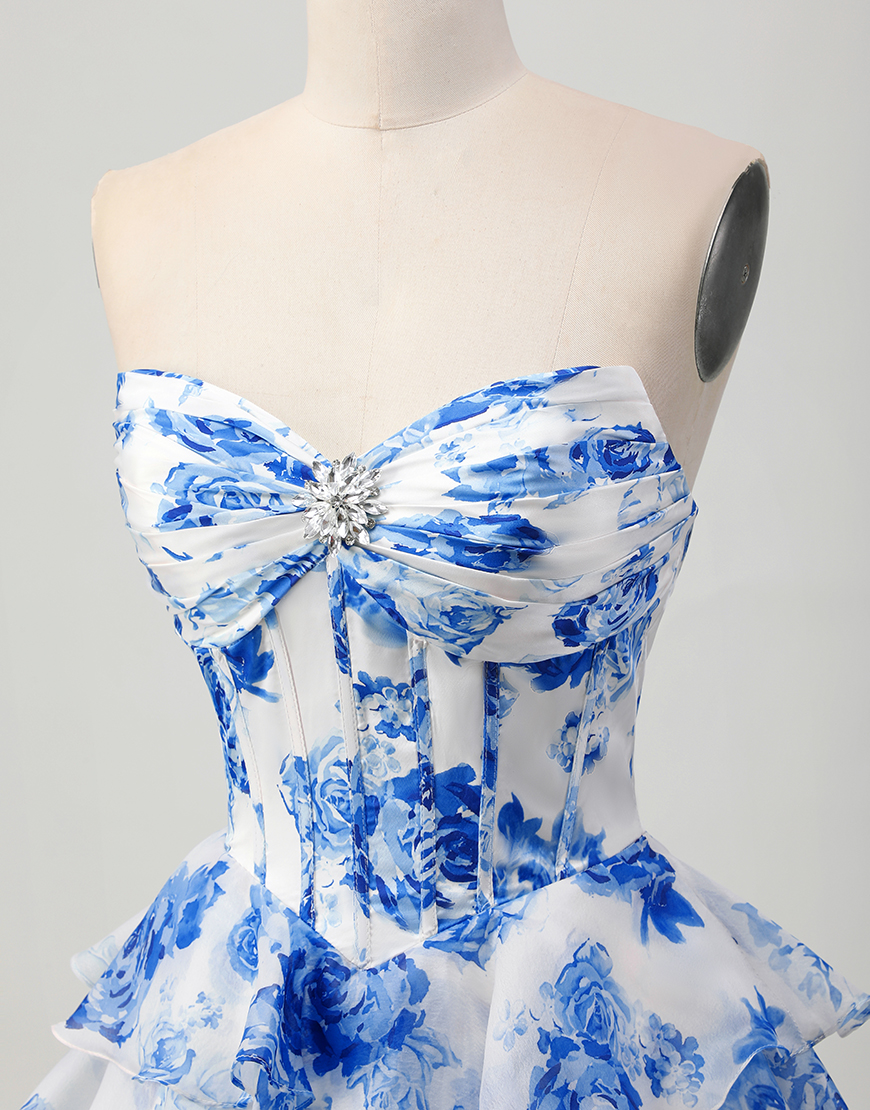 Sparkly White and Blue Floral A Line Short Corset Homecoming Dress with Rhinestones