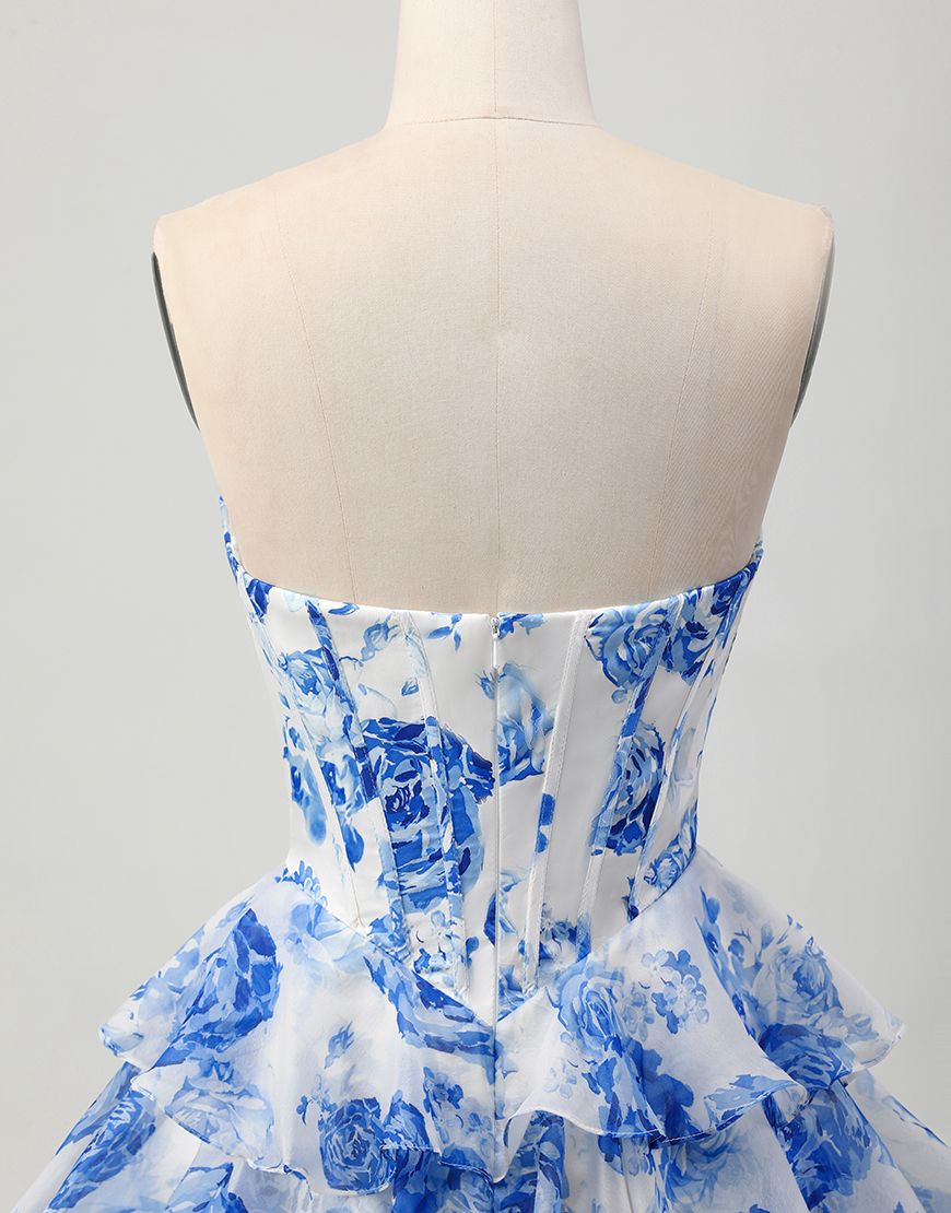 Sparkly White and Blue Floral A Line Short Corset Homecoming Dress with Rhinestones
