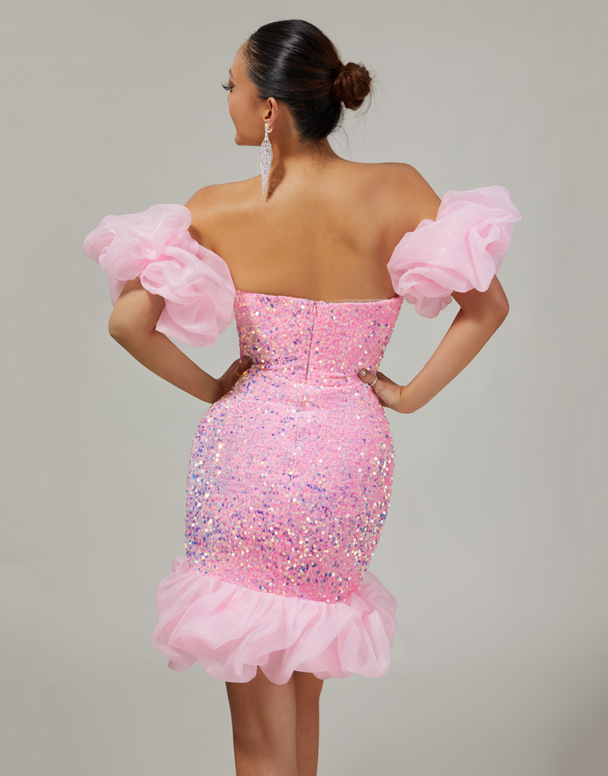 Sparkly Pink Detachable Puff Sleeves Tight Sequins Short Homecoming Dress