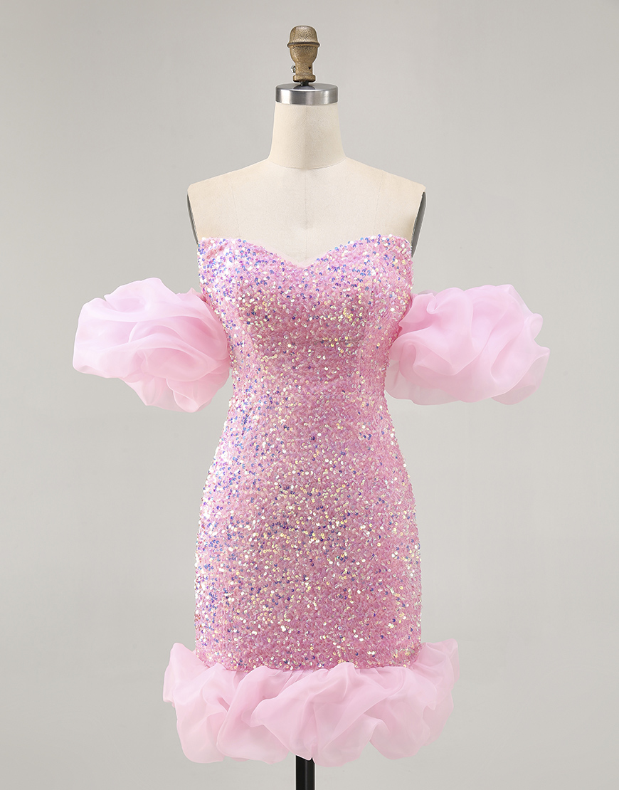 Sparkly Pink Detachable Puff Sleeves Tight Sequins Short Homecoming Dress