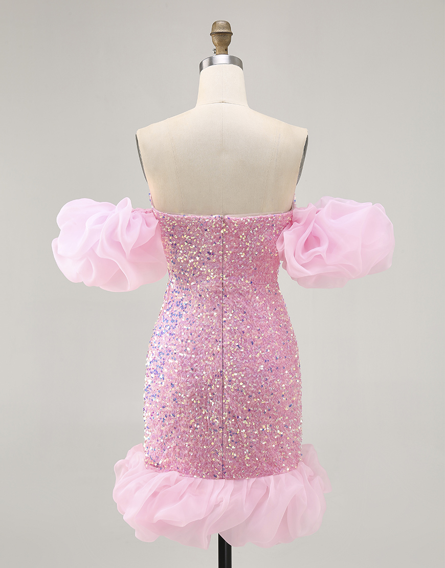 Sparkly Pink Detachable Puff Sleeves Tight Sequins Short Homecoming Dress