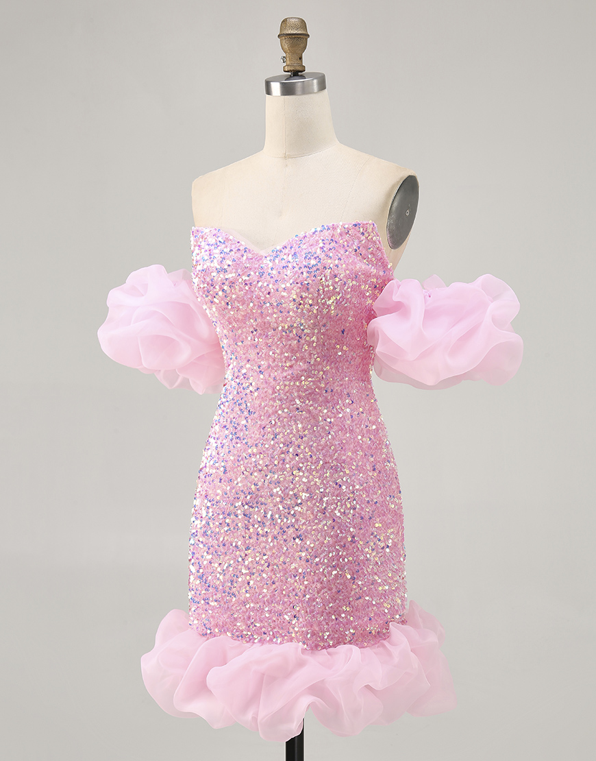 Sparkly Pink Detachable Puff Sleeves Tight Sequins Short Homecoming Dress