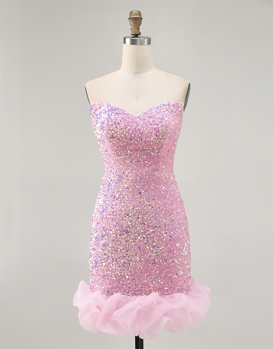 Sparkly Pink Detachable Puff Sleeves Tight Sequins Short Homecoming Dress