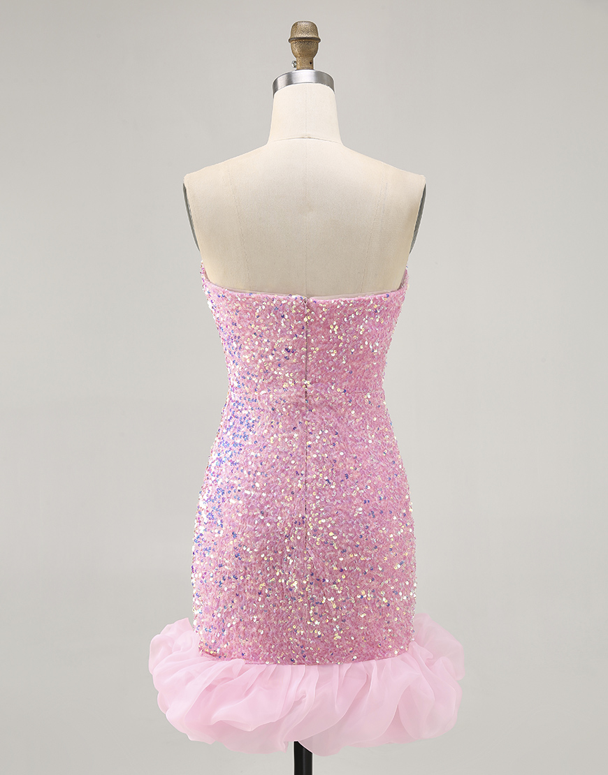 Sparkly Pink Detachable Puff Sleeves Tight Sequins Short Homecoming Dress