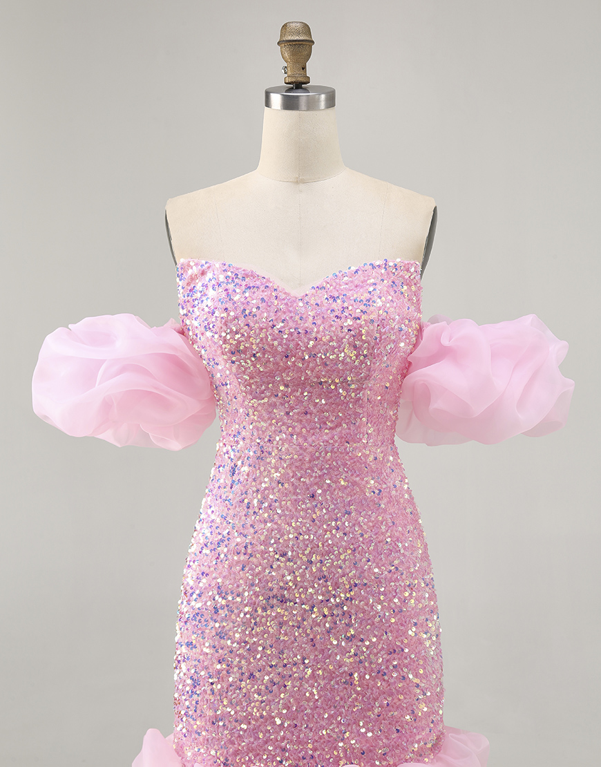 Sparkly Pink Detachable Puff Sleeves Tight Sequins Short Homecoming Dress