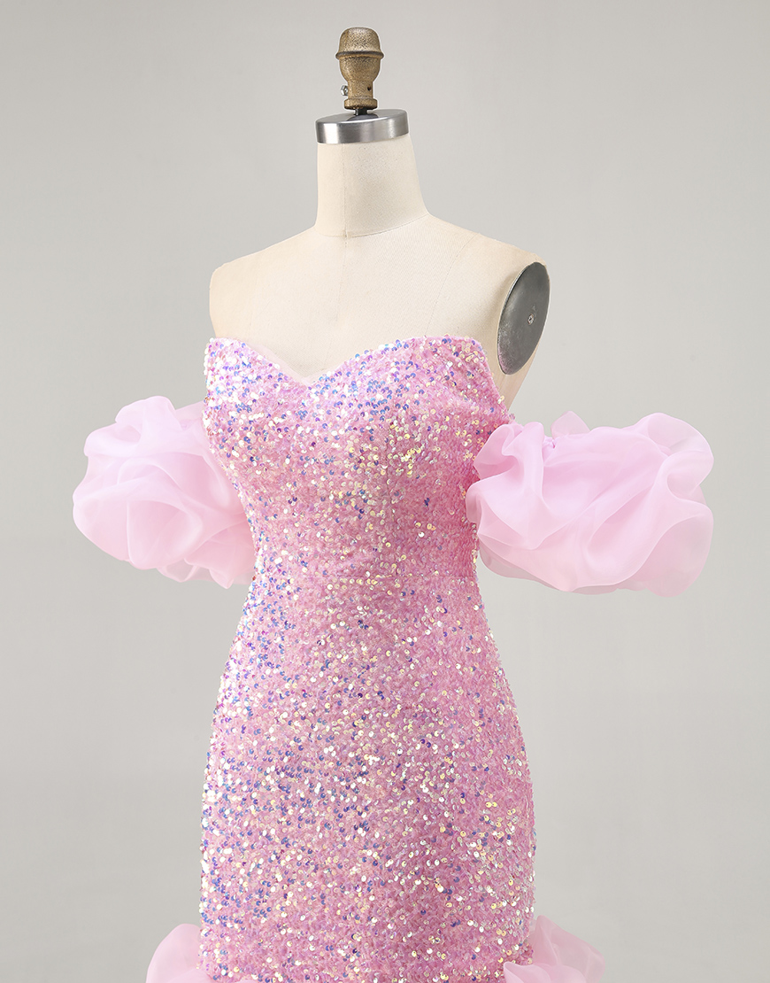 Sparkly Pink Detachable Puff Sleeves Tight Sequins Short Homecoming Dress
