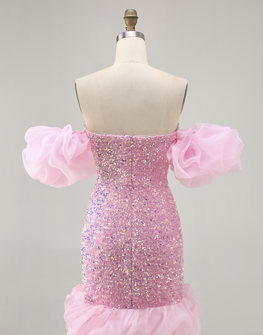 Sparkly Pink Detachable Puff Sleeves Tight Sequins Short Homecoming Dress
