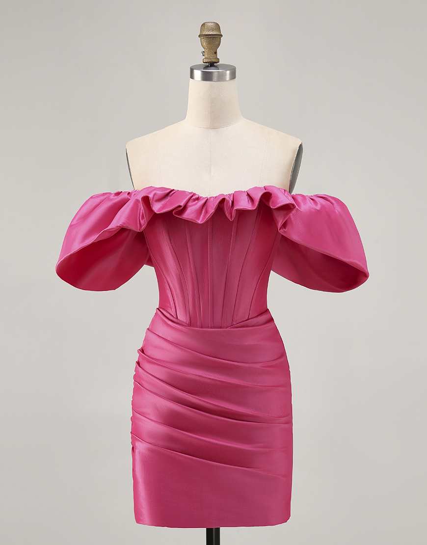 Fuchsia Satin Tight Short Corset Homecoming Dress with Ruffles