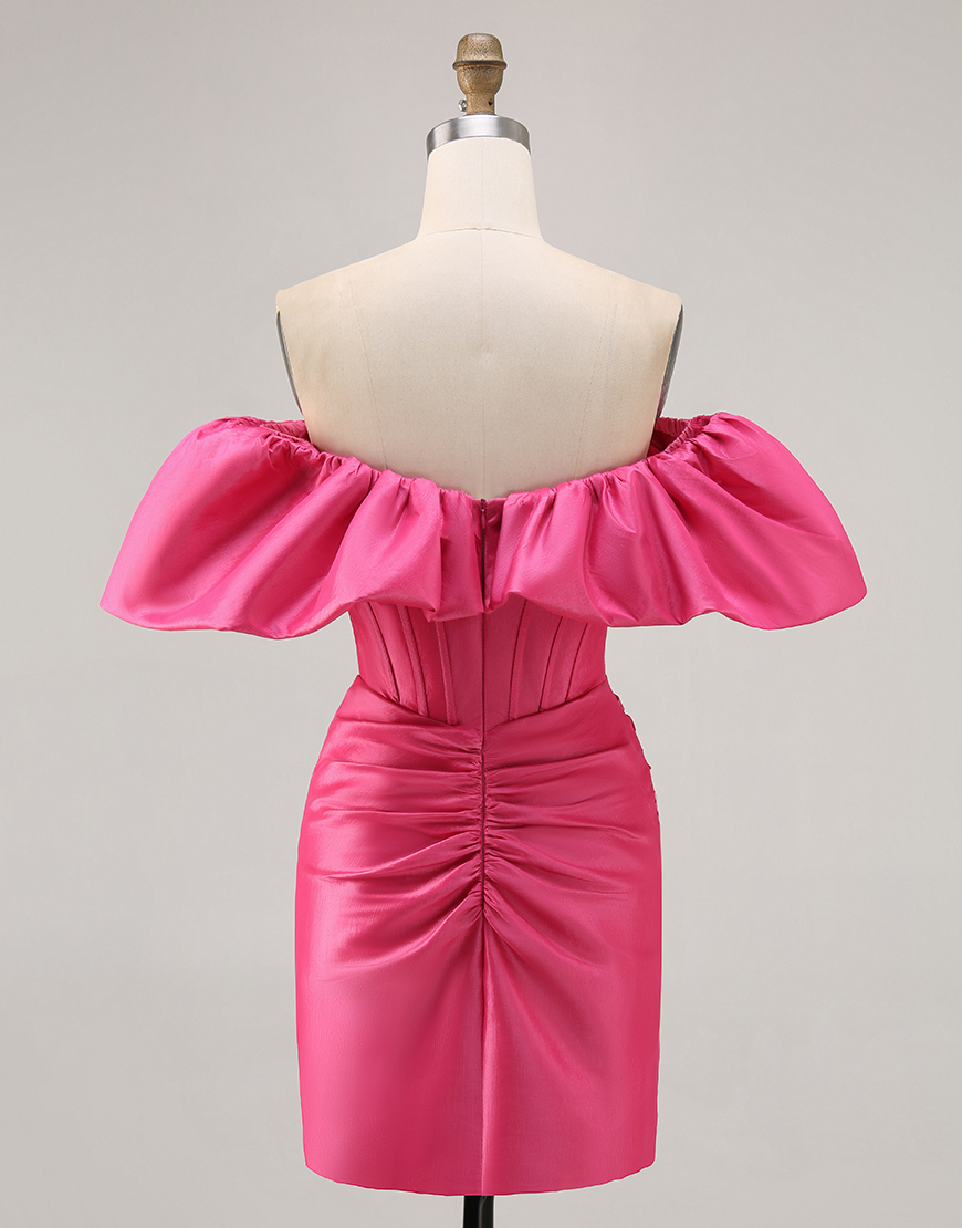 Fuchsia Satin Tight Short Corset Homecoming Dress with Ruffles