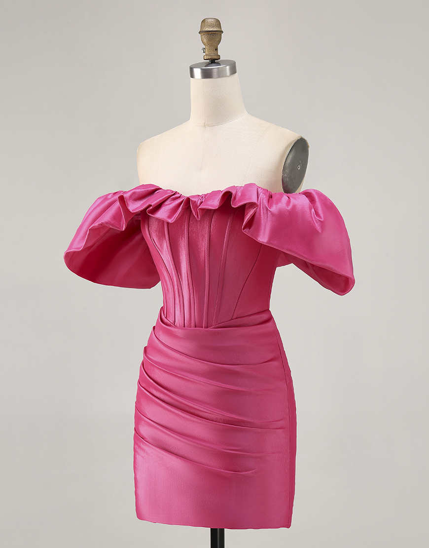 Fuchsia Satin Tight Short Corset Homecoming Dress with Ruffles