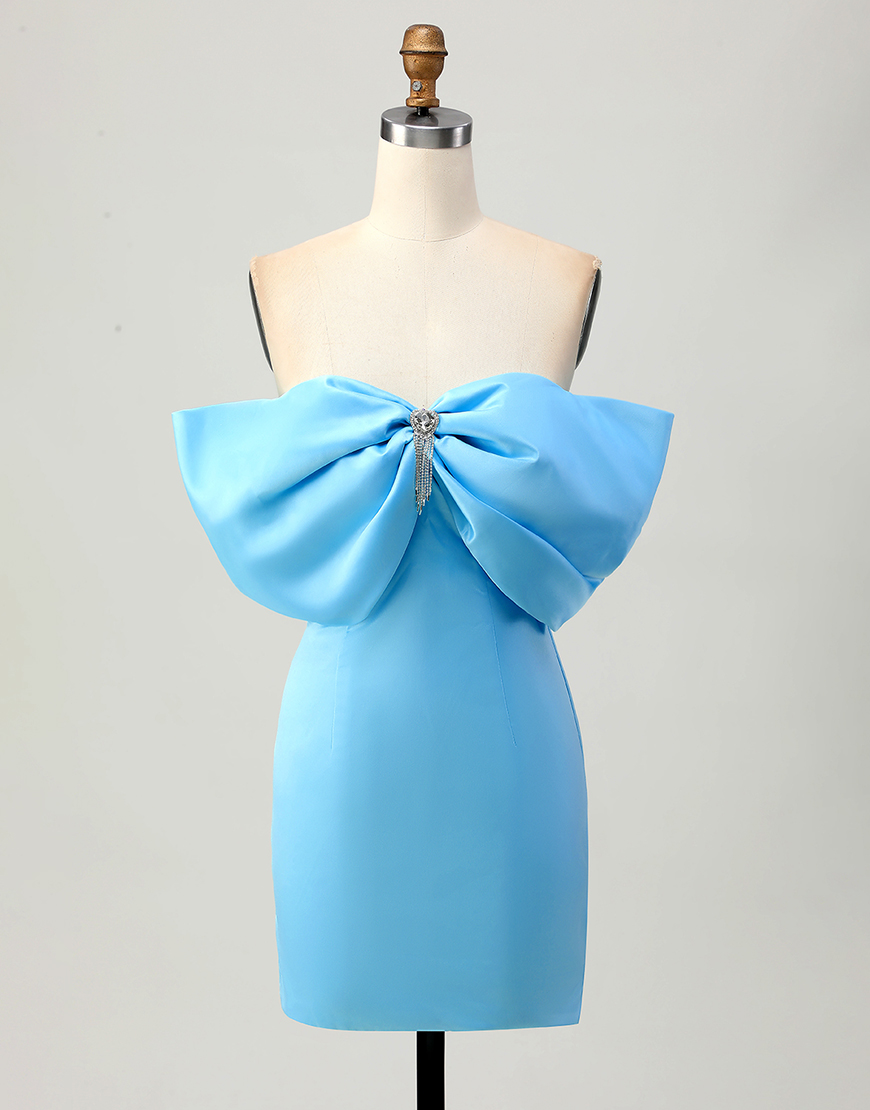 Sparkly Blue Tight Satin Short Homecoming Dress with Bow