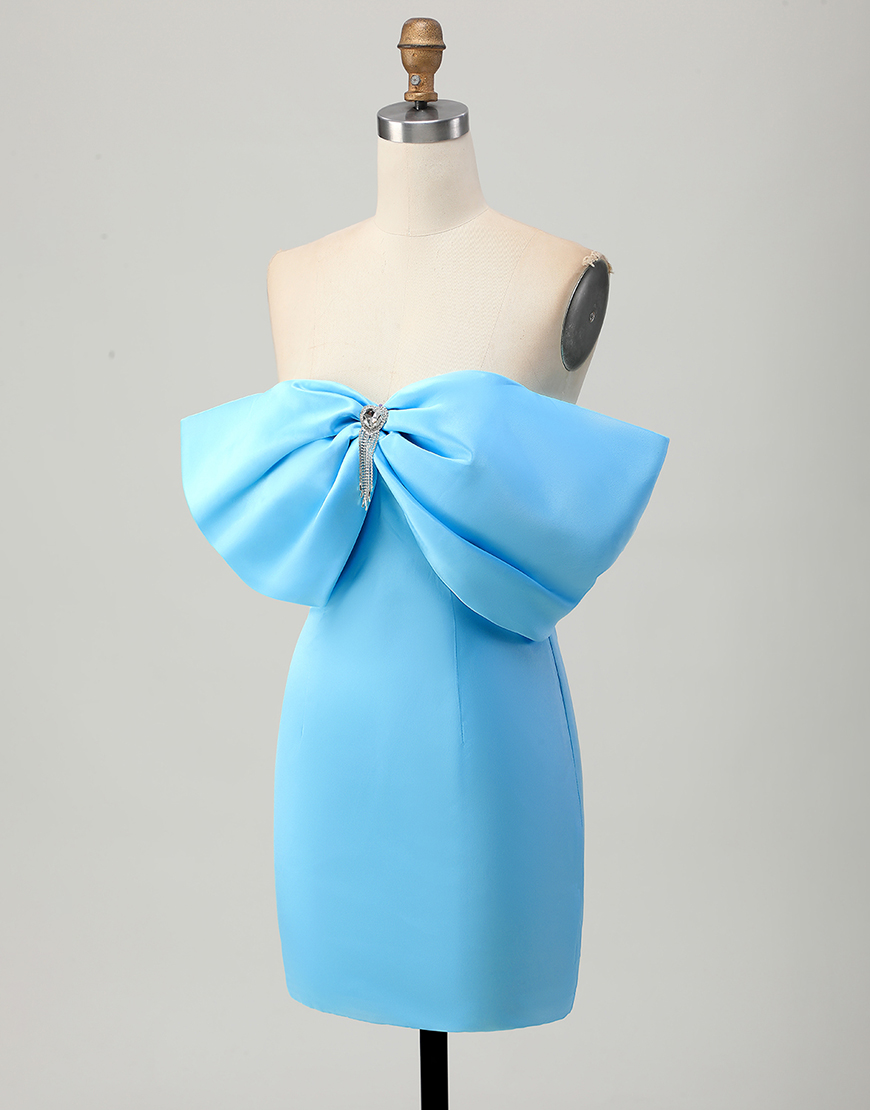 Sparkly Blue Tight Satin Short Homecoming Dress with Bow