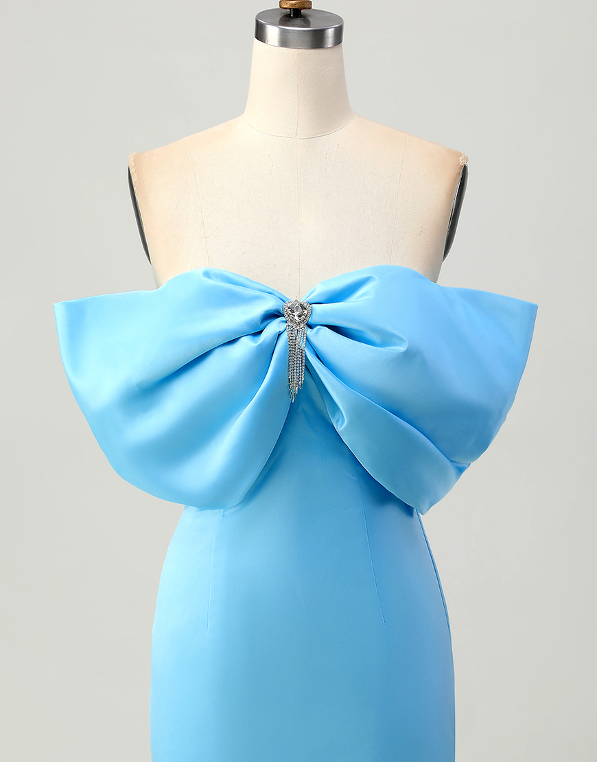 Sparkly Blue Tight Satin Short Homecoming Dress with Bow