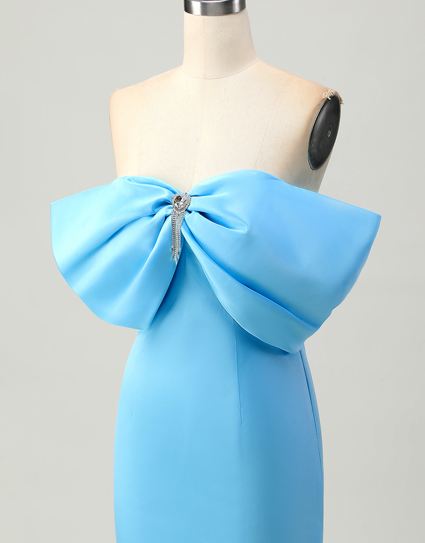 Sparkly Blue Tight Satin Short Homecoming Dress with Bow