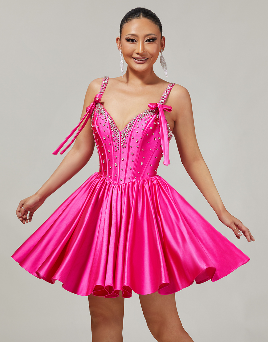 Sparkly Fuchsia A Line Short Corset Homecoming Dress with Rhinestones