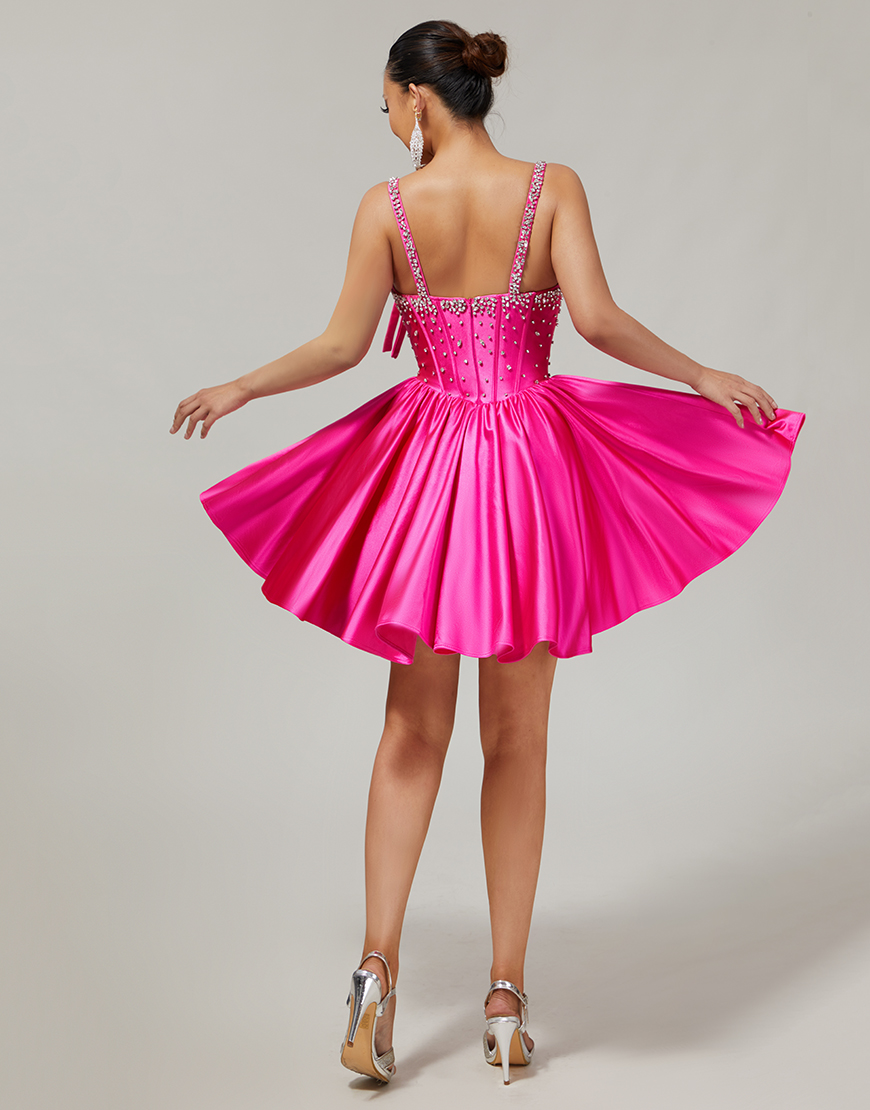 Sparkly Fuchsia A Line Short Corset Homecoming Dress with Rhinestones