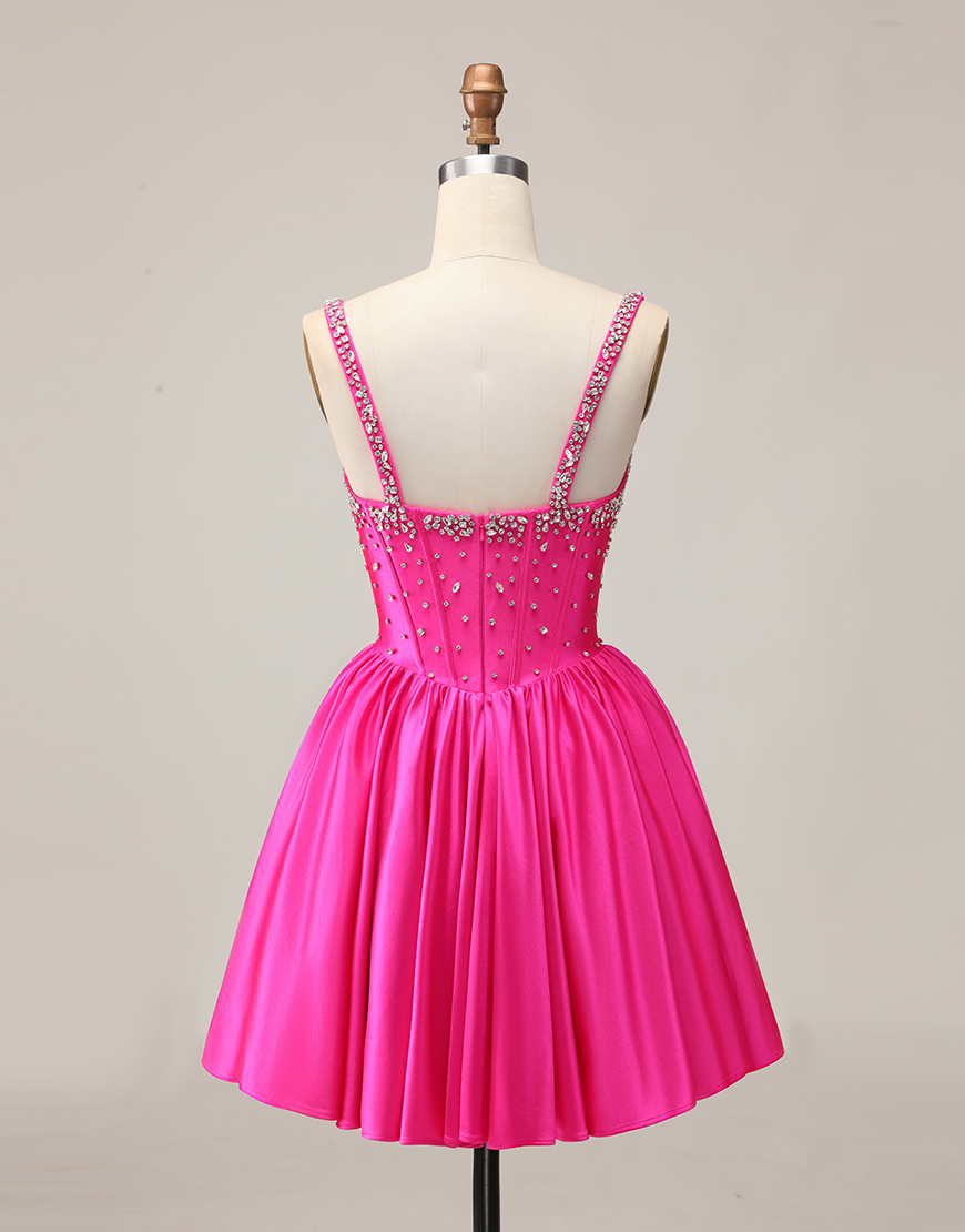 Sparkly Fuchsia A Line Short Corset Homecoming Dress with Rhinestones