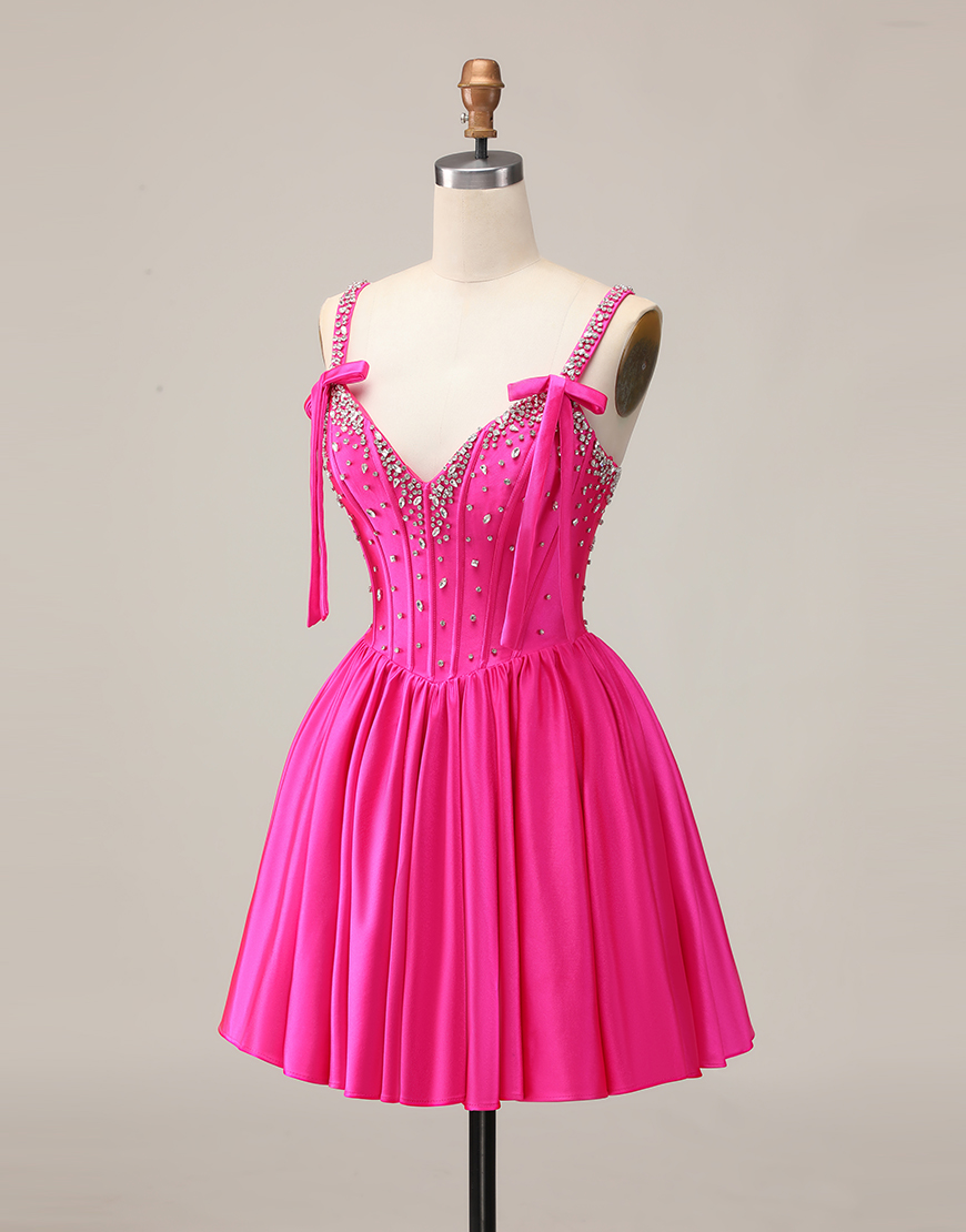 Sparkly Fuchsia A Line Short Corset Homecoming Dress with Rhinestones