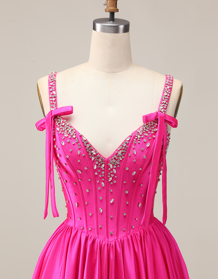 Sparkly Fuchsia A Line Short Corset Homecoming Dress with Rhinestones