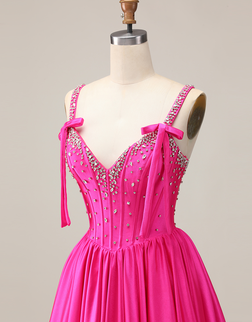 Sparkly Fuchsia A Line Short Corset Homecoming Dress with Rhinestones