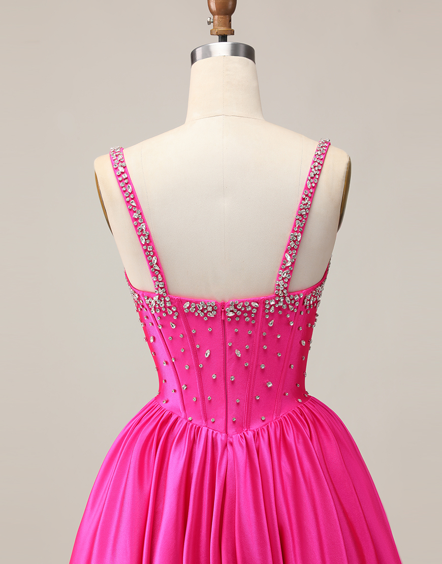 Sparkly Fuchsia A Line Short Corset Homecoming Dress with Rhinestones