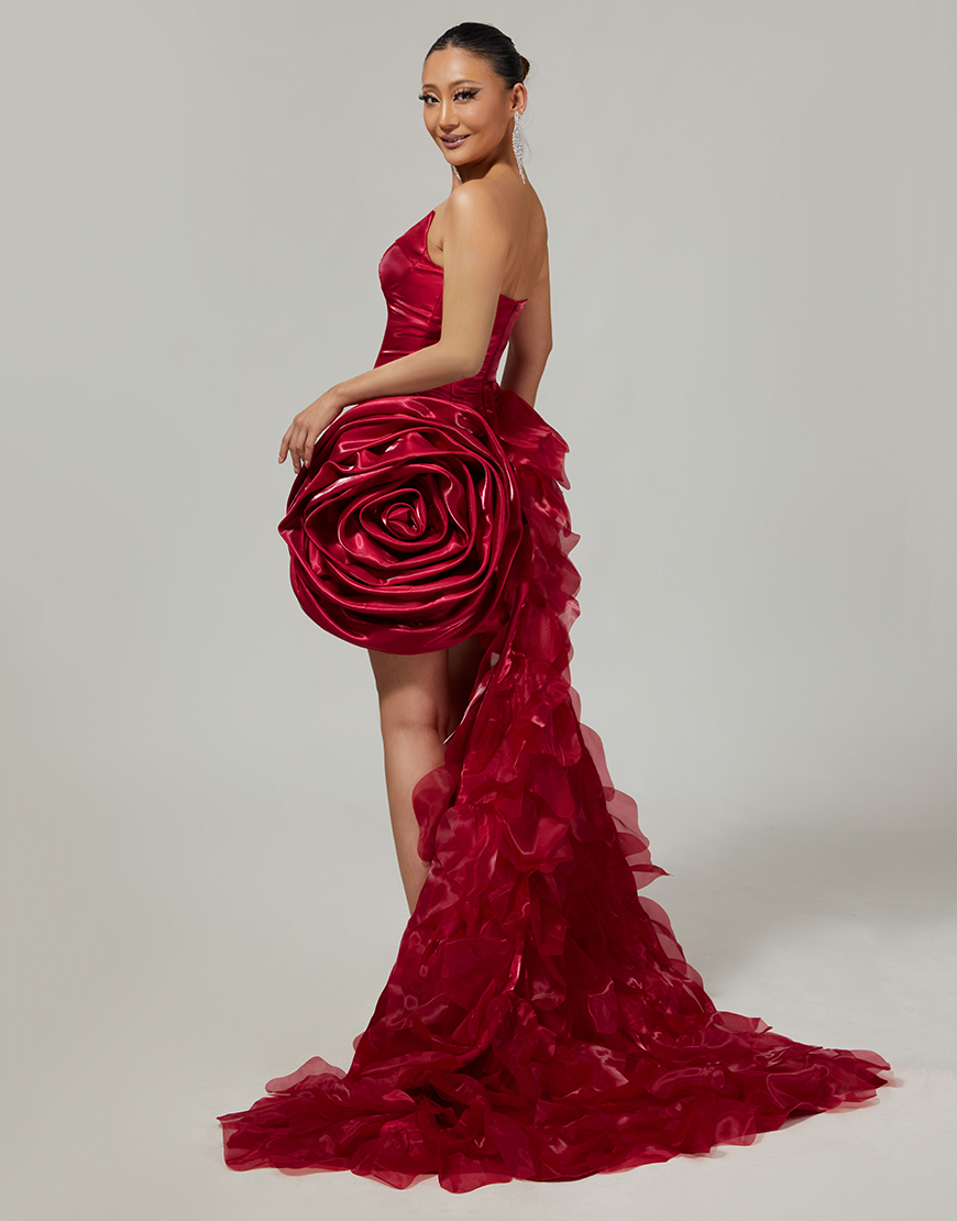 Burgundy Sweetheart Satin Tight Short Homecoming Dress with 3D Flower