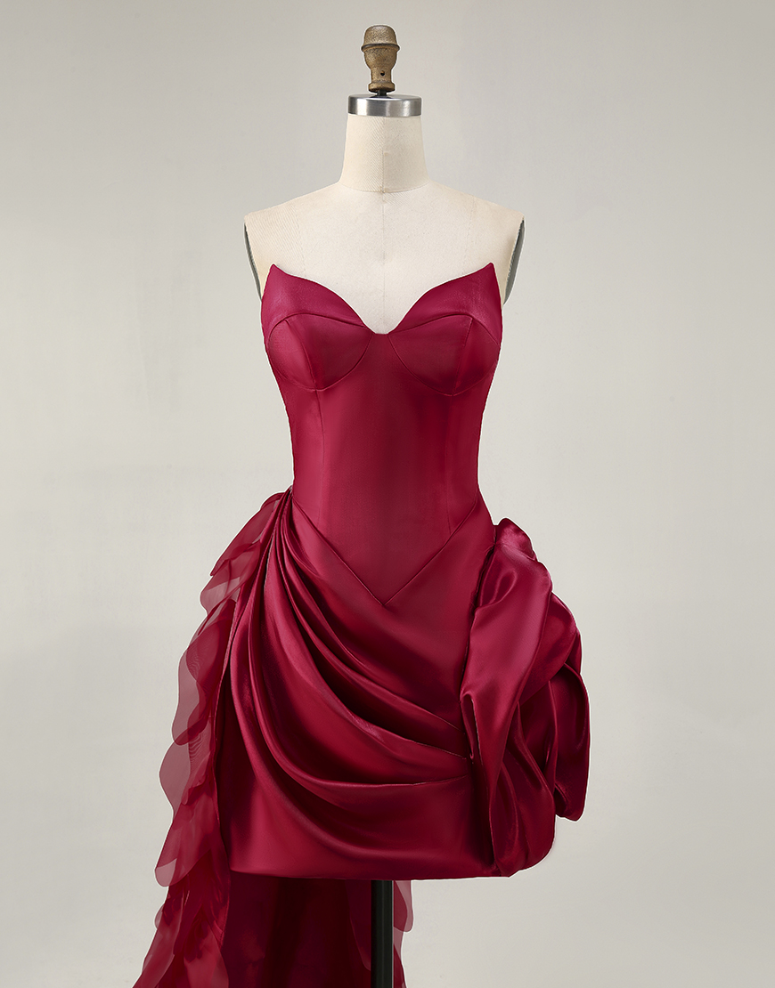 Burgundy Sweetheart Satin Tight Short Homecoming Dress with 3D Flower