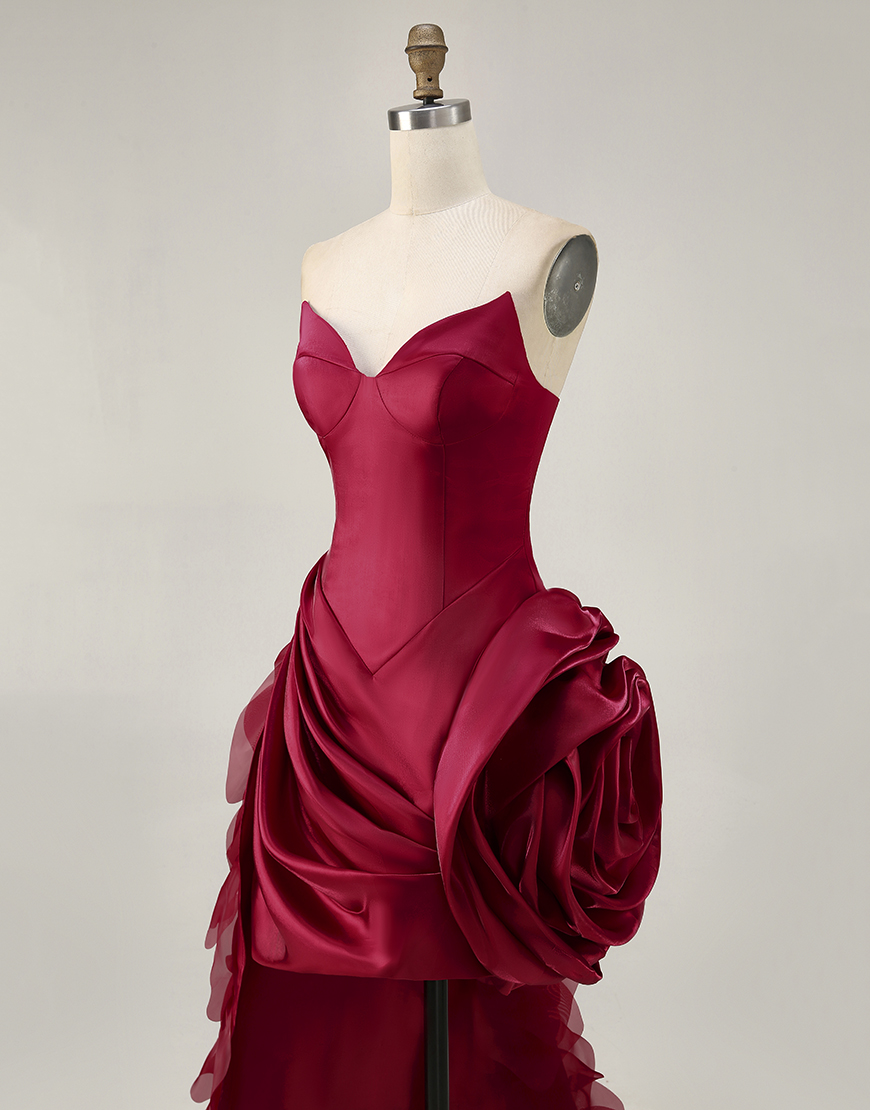 Burgundy Sweetheart Satin Tight Short Homecoming Dress with 3D Flower